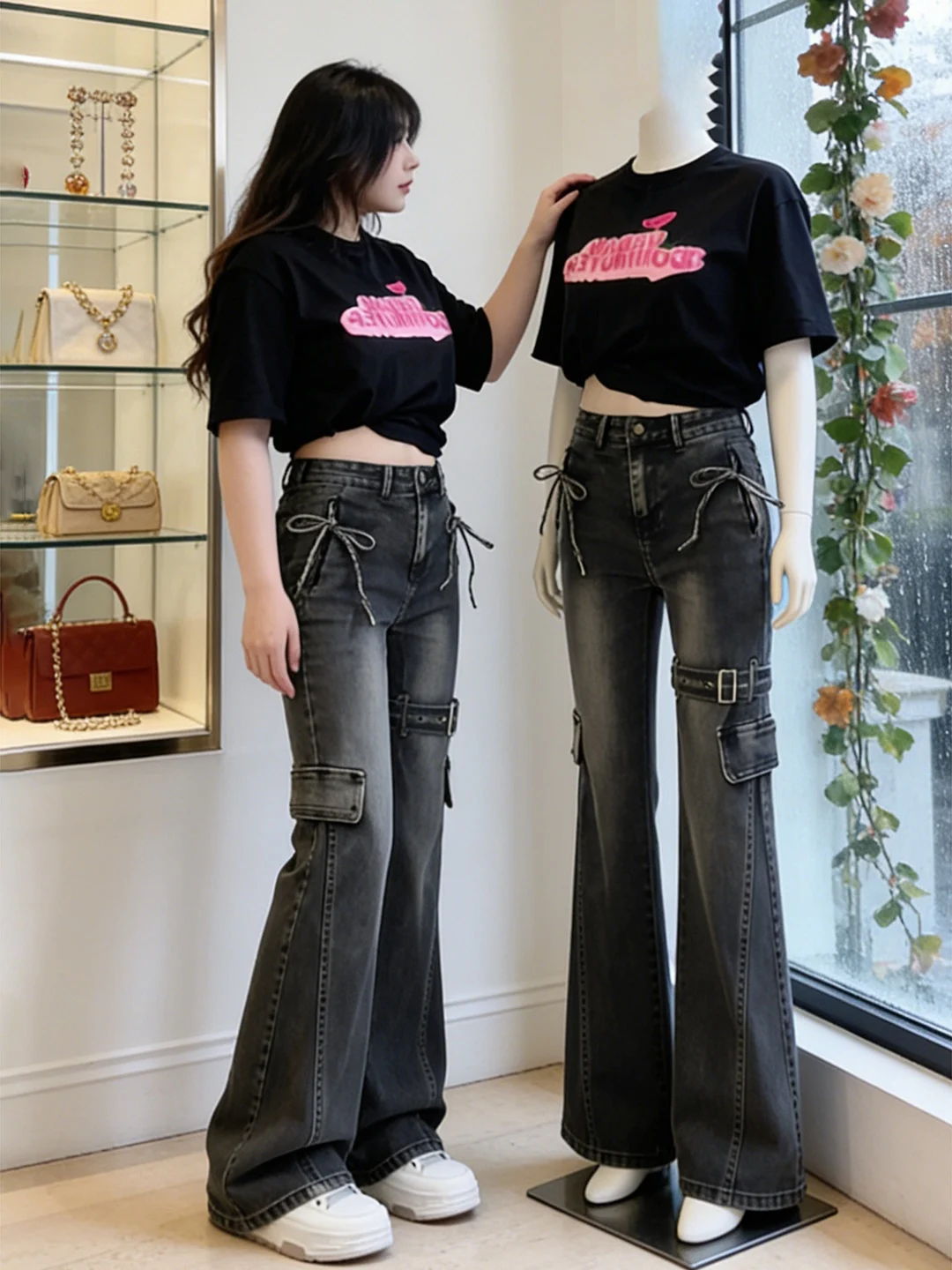 

plus Size American Retro Bell Bot Jeans Women's Spring Pants Slimming for Pear aped Body High Waist Straight Leg Zipper