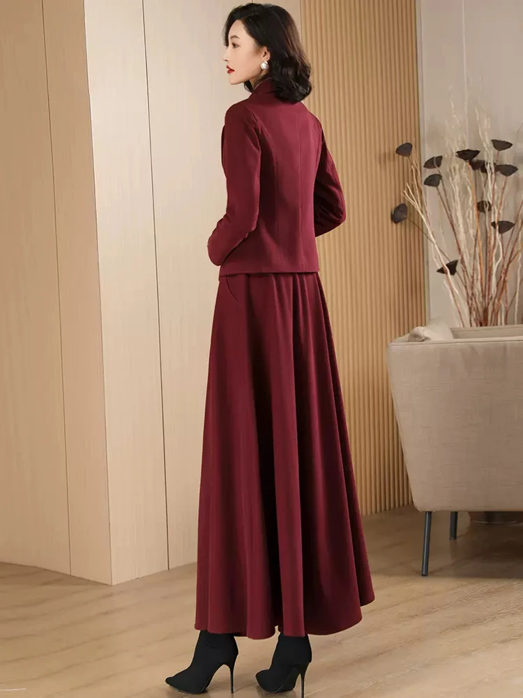 New Women Wool Blends Sets Autumn Winter Fashion Elegant Turn-down Collar Thick Slim Woolen Blazer Mid-Waist Long Skirt Sets