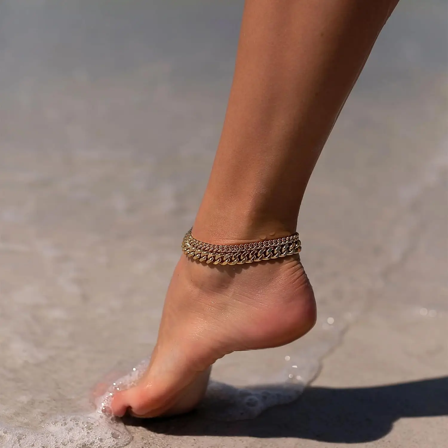 Gold Ankle Bracelets for Women 14K Gold Plated/Silver Anklets for Women Waterproof Minimalist Cuban Link Anklets Set Dainty Laye