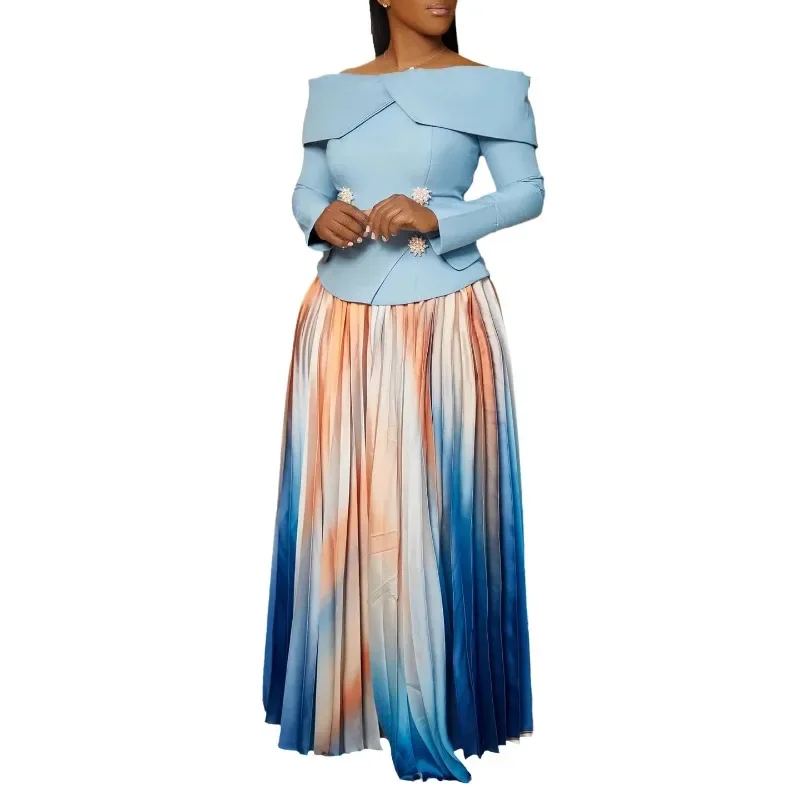 Women's Two Piece Set Elegant Off Shoulder Suit Tops Printed Loose Long Pleated Skirt Commuting Office Ladies African Ladies Set