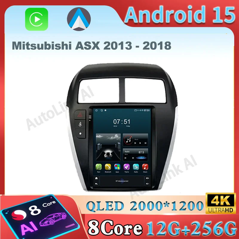 Android 15 Carplay для Mitsubishi ASX 2013-2018 Автомагнитола Авто 4G WIFI GPS-навигация Мультимедийный видеоплеер Стерео BT