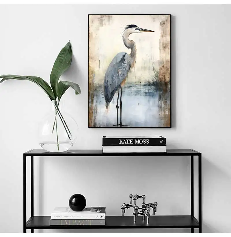 الرجعية الأزرق هيرون المائية نمط الحد الأدنى مارش الطيور الفن الملصقات حائط لوح رسم يطبع صور الساحلية غرفة ديكور المنزل