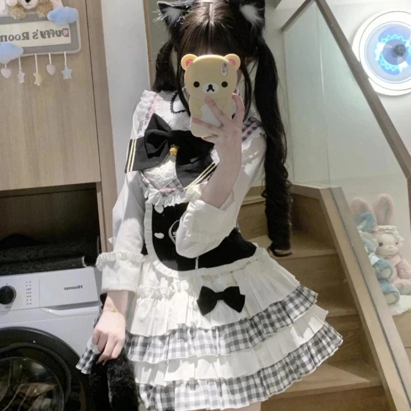 

Japanese Y2K Woman 3 Piece Sets Lolita Female Princess 2025 Long Sleeve Chic Shirt + Retro Vest +High Waist Skirt df2