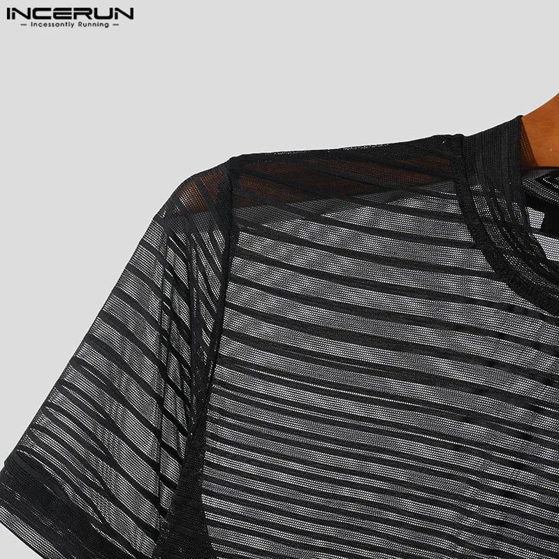 INCERUN Men T Shirt Striped Mesh Transparent Turtleneck Short Sleeve Men Clothing Streetwear 2024 Skinny Fashion Camsietas S-5XL