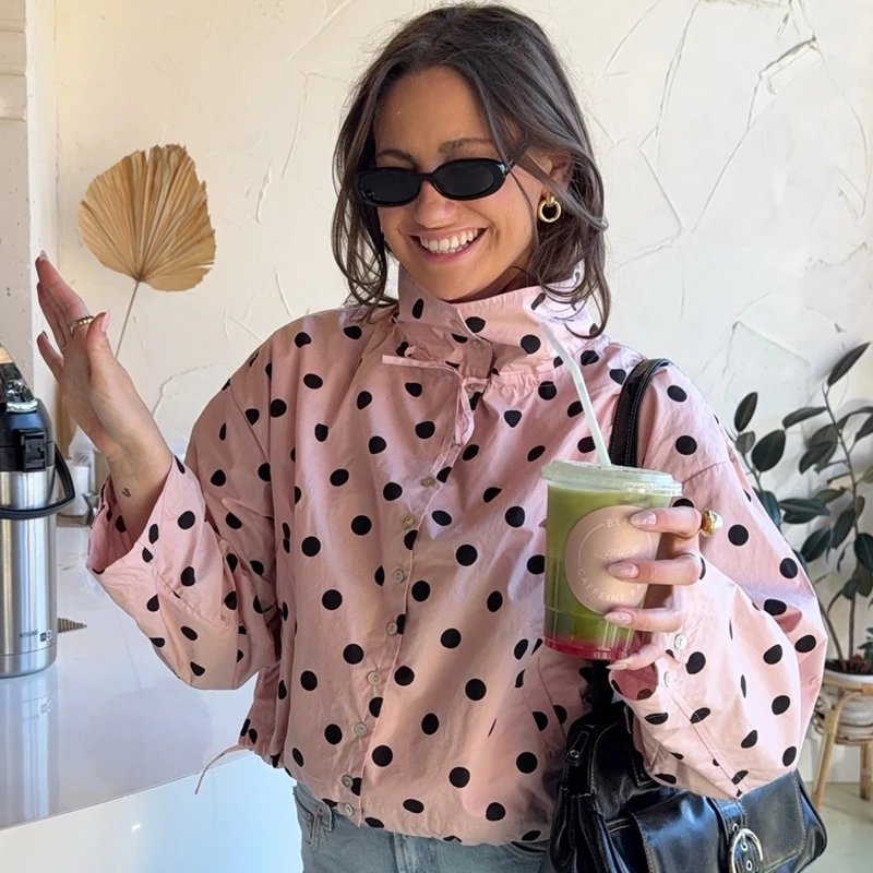 

Women's Jackets Pink Black Polka Dot Jacket For Women Spring Stand Collar Cropped Coat 2026 Casual Long Sleeve Loose Fit Jacket