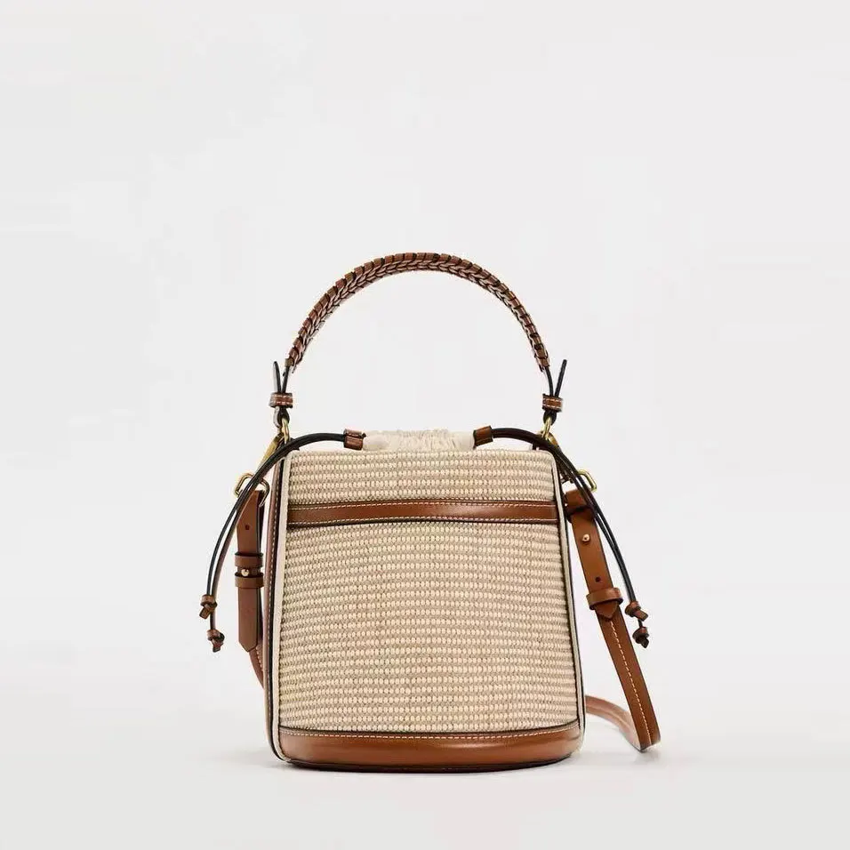 

New Fashion Women's Pu Leather Small Braided Straw Handle Handbag Luxury Designer Women Shoulder Horizontal Bag Women's Handbag