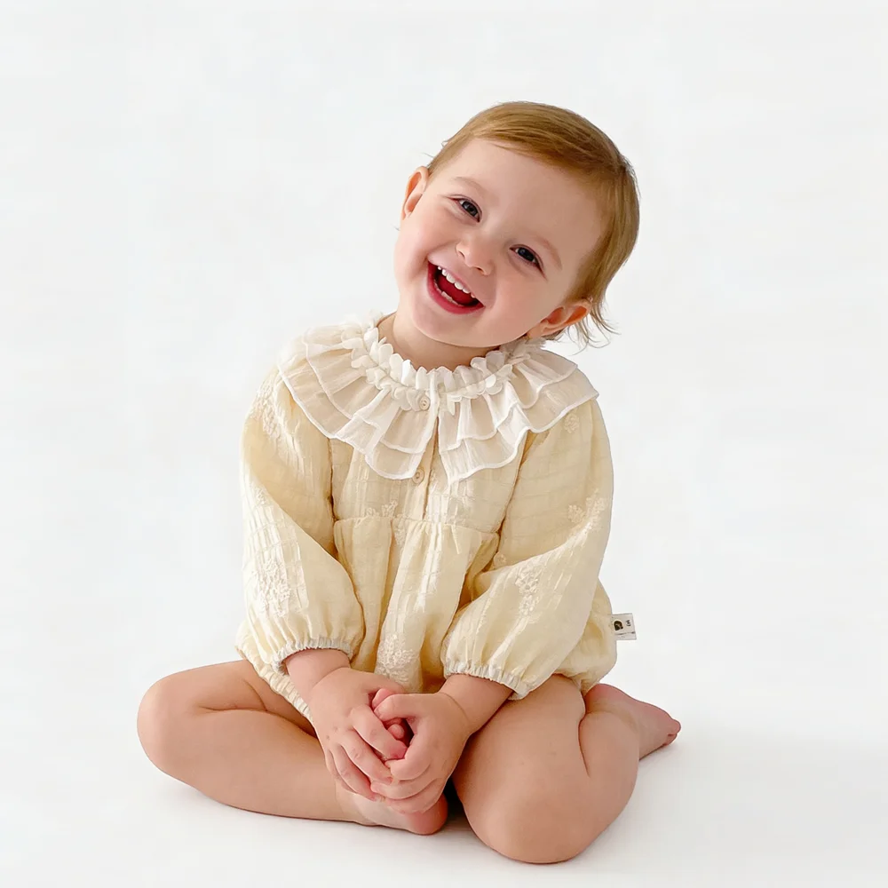 

Newborn Baby Girl Romper with Ruffled Collar Soft Cotton Long-Sleeve Jumpsuit Cute Beige Lace Onesie for 0-24 Months for infant
