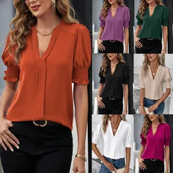 2025 Women's Elegant Tops Fashion White Blouses Shirts Lady Casual Short Puff Sleeve V-Neck Solid Blouse Tops Blusas Para Mujer