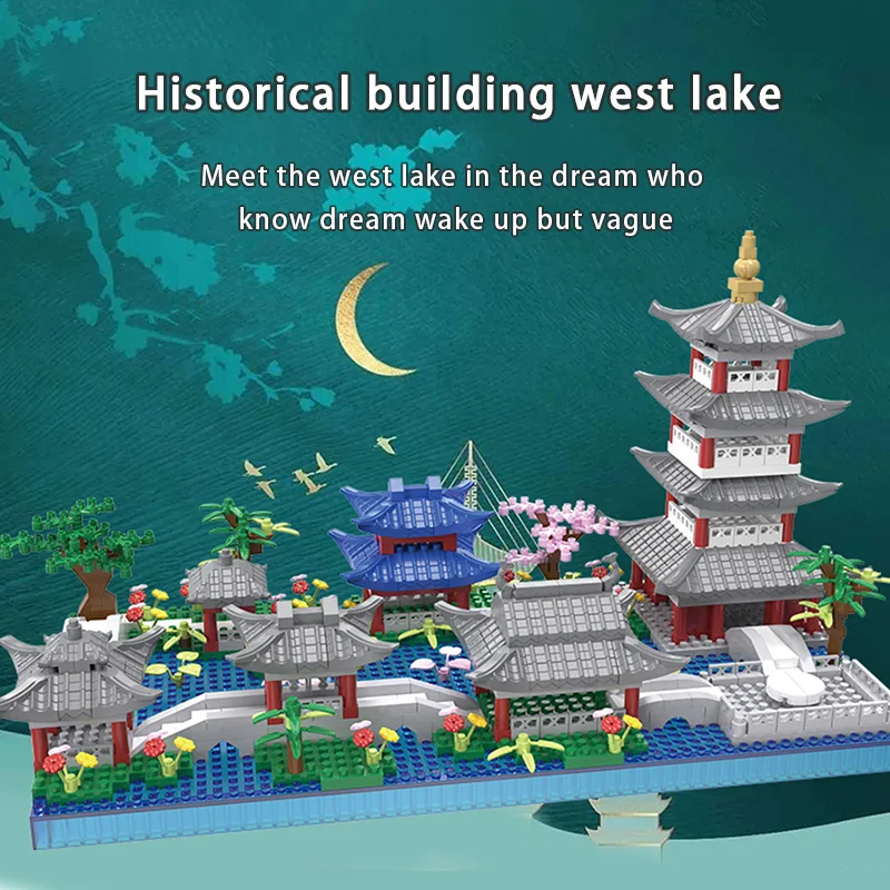 

Hangzhou West Lake высокие сложности сборка небольших пластиковых строительных блоков для детских игрушек головоломки сцены, архитектурный стиль