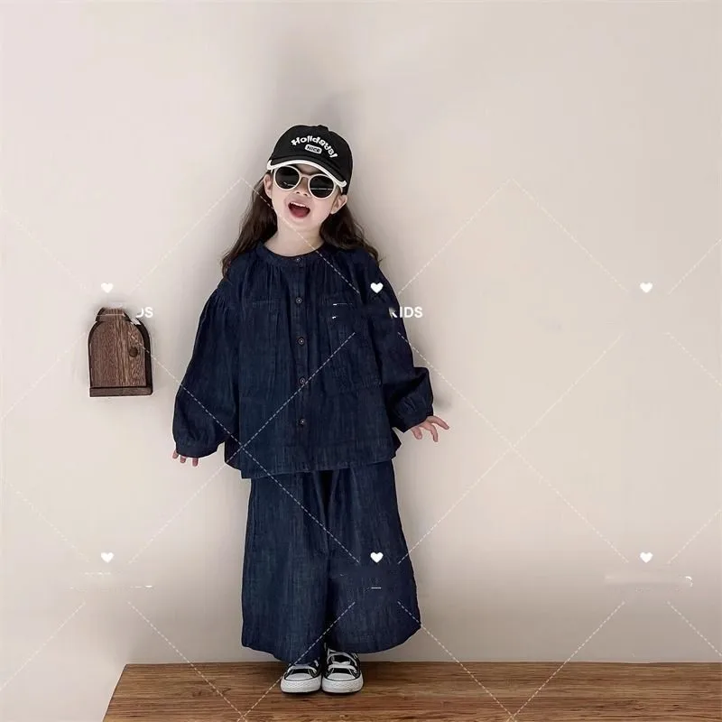 

Children's denim suit 2025 Spring and Autumn new Korean version baby girl loose retro jacket pants two-piece set