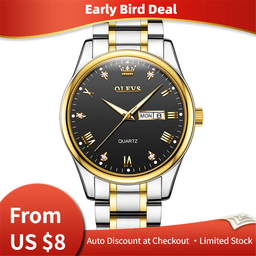 OLEVS 5563 Мужские кварцевые часы, двухцветный браслет из нержавеющей стали Day-Date, водонепроницаемые светящиеся деловые наручные часы