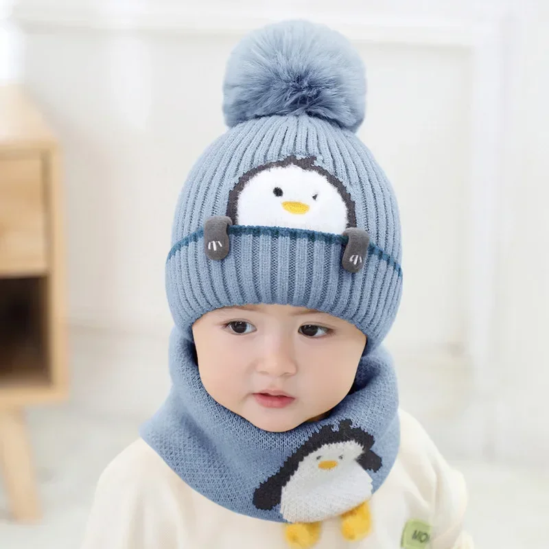 Cartoon Animal Kint Pom Pom Hat Scarf Child Cotton Inner Beanies Hat And Ring Scarves Kids Girl Boy 2020 Winter Warm Cap 1-3T