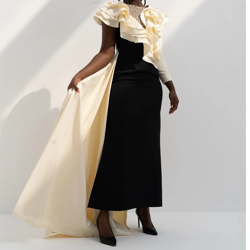 

Customized Graceful Jersey Pearls Ruffles Tiered Evening Dress High Quality Crew neck Long Sleeves Bespoke Occasion Gowns