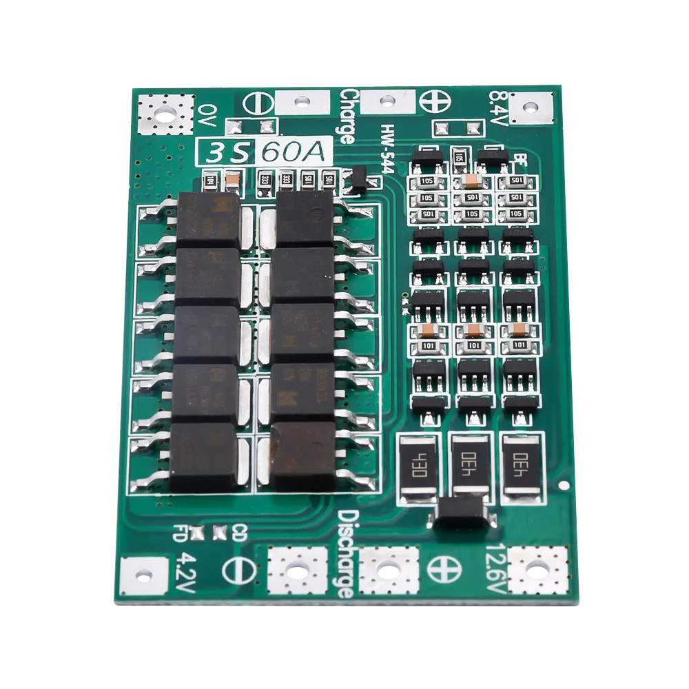 3S 12.6V 60A Li-ion BMS Battery Protection Board with Balanced Charging, High Current PCB for Drill Motor/E-Bike/Solar Storage