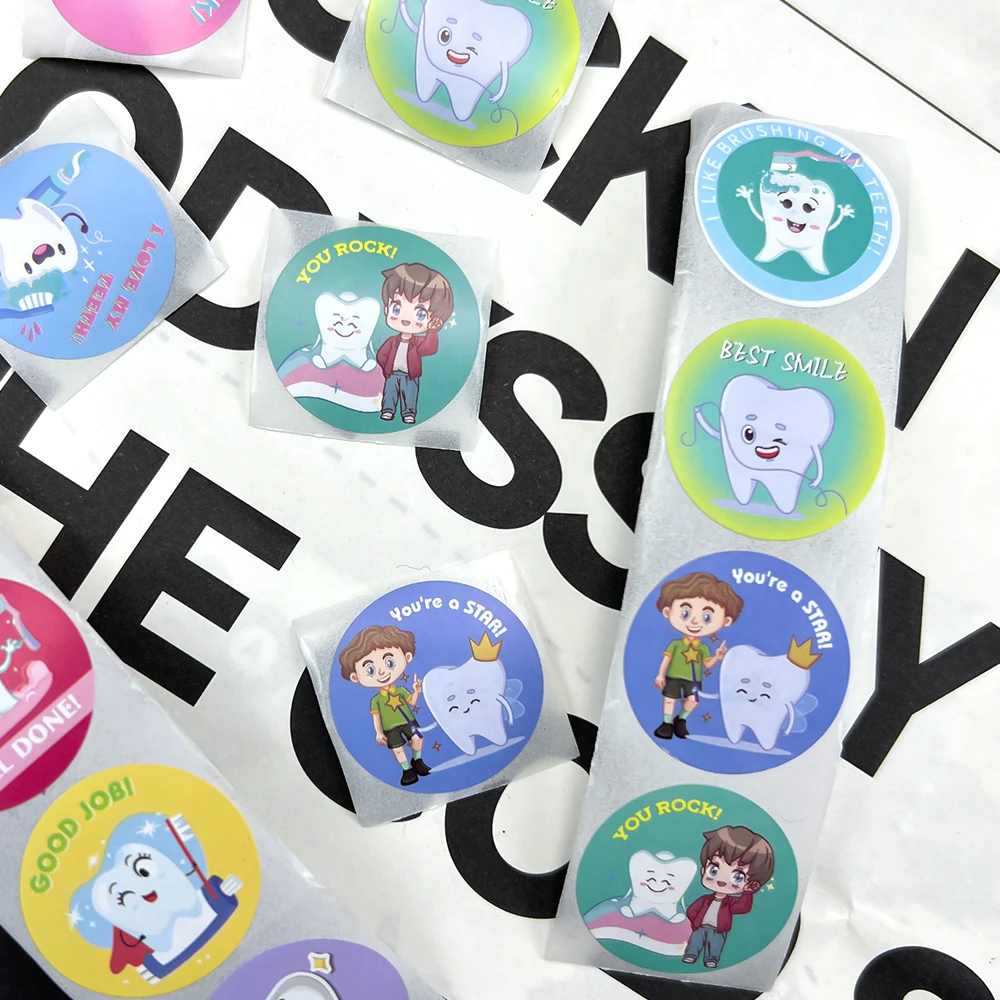 500Pcs/Roll Cute Cartoon Tooth Stickers Cartoon Graffiti Decal DIY Luggage Laptop Skateboard Bicycle Fridge Stickers Kids Gifts