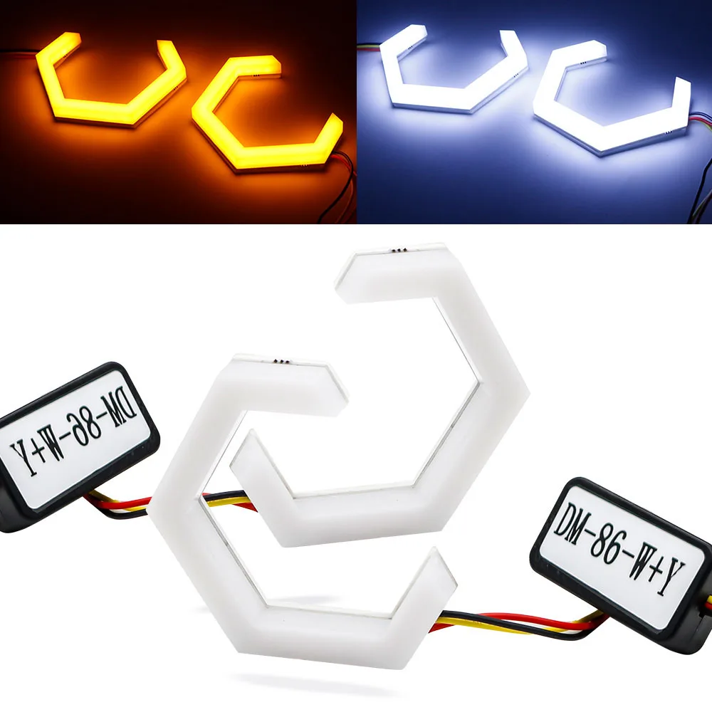 1Set 9-30V Hexagon Angel Eyes Halo Rings Retrofit Headlight Car Motorcycle Switchback White DRL+Amber Turn Signal Light