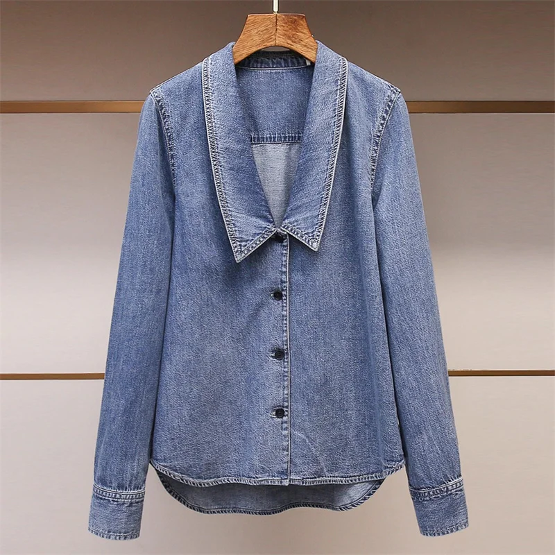 

Женская рубашка, новинка осени 2024, однобортный облегающий топ с лацканами и длинными рукавами, винтажная стираная женская блузка, хлопковая джинсовая рубашка