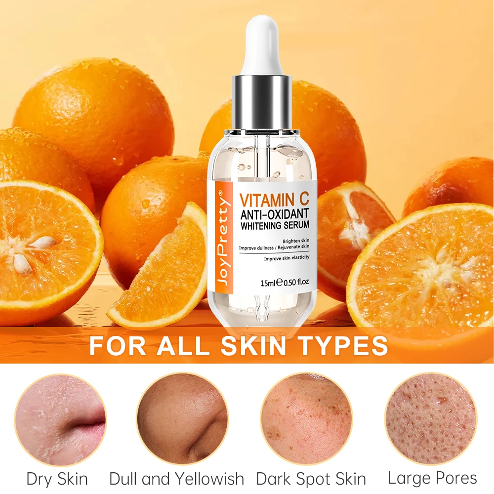 JoyPretty Serum Vitamin C pemutih wajah, produk perawatan kulit Serum Pencerah Wajah esensi bintik hitam asam hialuronat untuk wajah