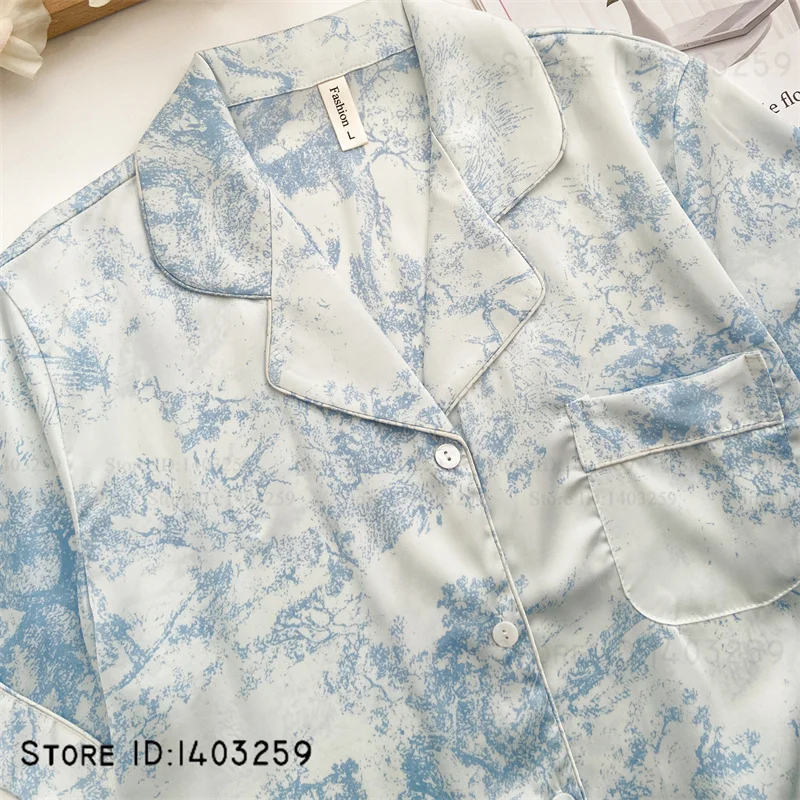 طقم بيجامات نسائي ملابس نوم صيفية بأكمام قصيرة وبنطلون ملابس صالة مثيرة مطبوعة بالزهور ملابس نوم بيجامات بدلة ملابس منزلية من الحرير والساتان #2