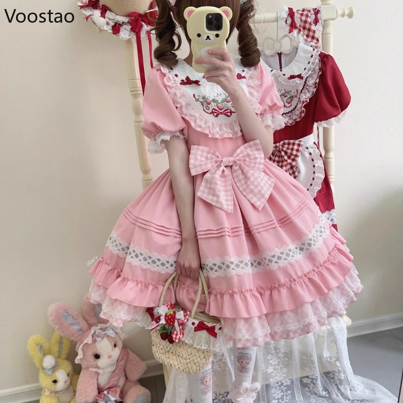 Japońska słodka Lolita fartuch pokojówka sukienka kobiety Kawaii truskawkowy haft królika Cosplay sukienki księżniczki na przyjęcie sukienka Vintage