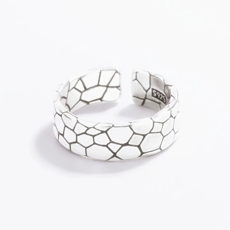 Retro Stone Pattern 925 Sterling Silver Female Resizable Opening Rings RI1042