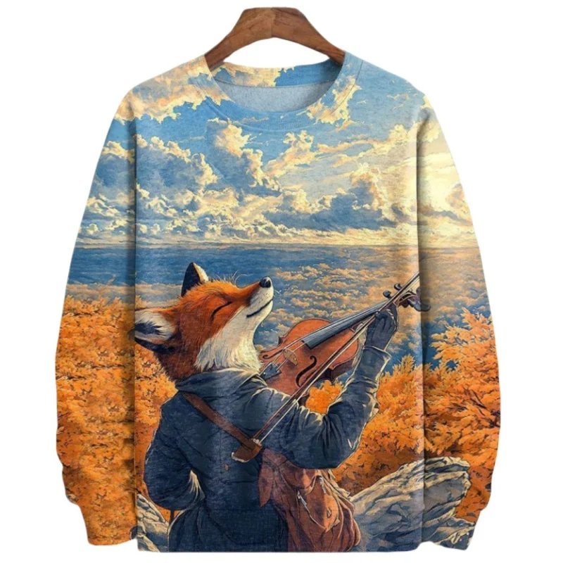 3D Print Funny Music Fox Hoodie For Men Drinking Red Wine Pattern Pullovers Long Sleeves Sweatshirt Unisex Loose O-Neck Hoodies