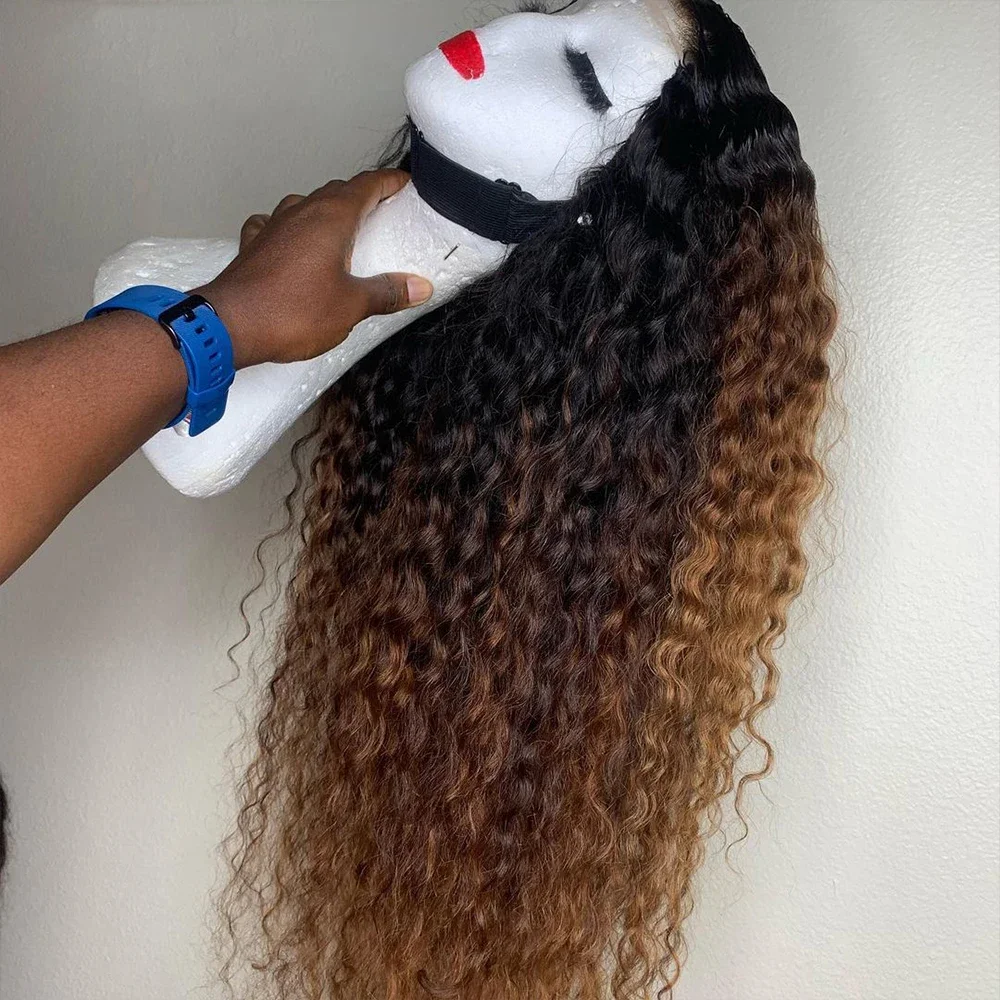 

Long Kinky Curly Ombre Brown 26 Inch 180Density Glueless Synthetic 13*4*1 Lace Front Wig For Women Babyhair PrePlucked Daily