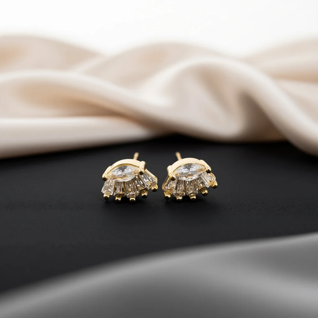 Fan‑shaped Cluster Stud Earrings Pear‑cut Center Rectangular Side Stones Banquet Wedding Daily Jewelry For Elegant Women