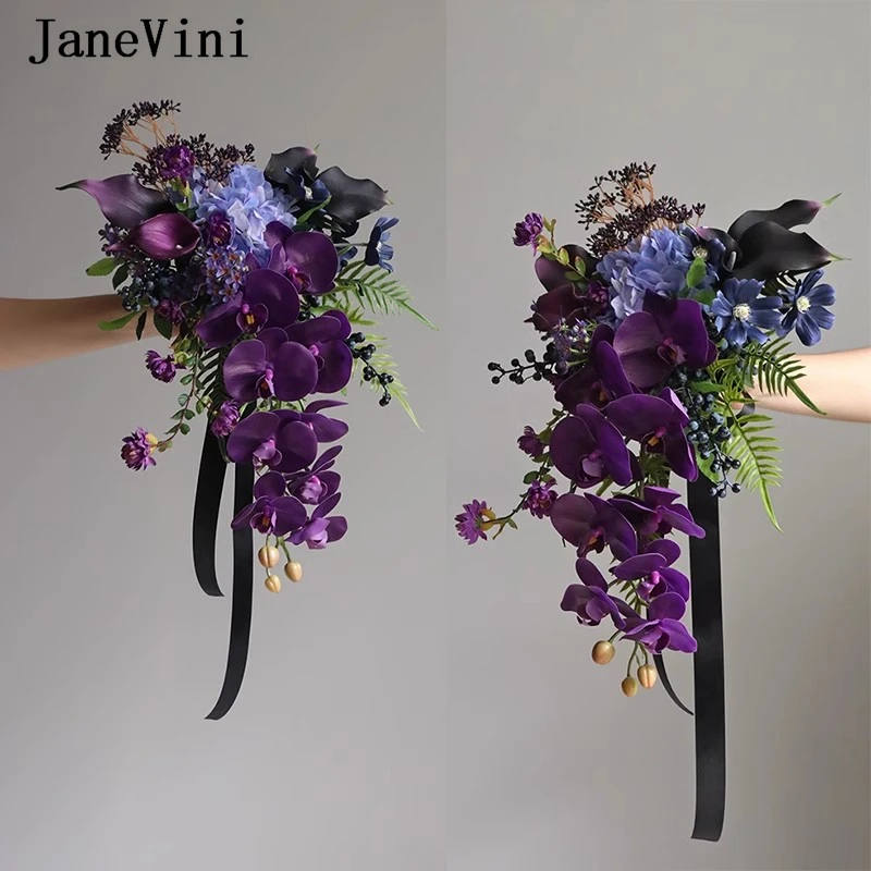 JaneVini Forest Style Retro Purple Wedding Bouquet Waterfall Black Bride Bouquet Artificial Calla Lily Fake Bridal Flowers Ramos