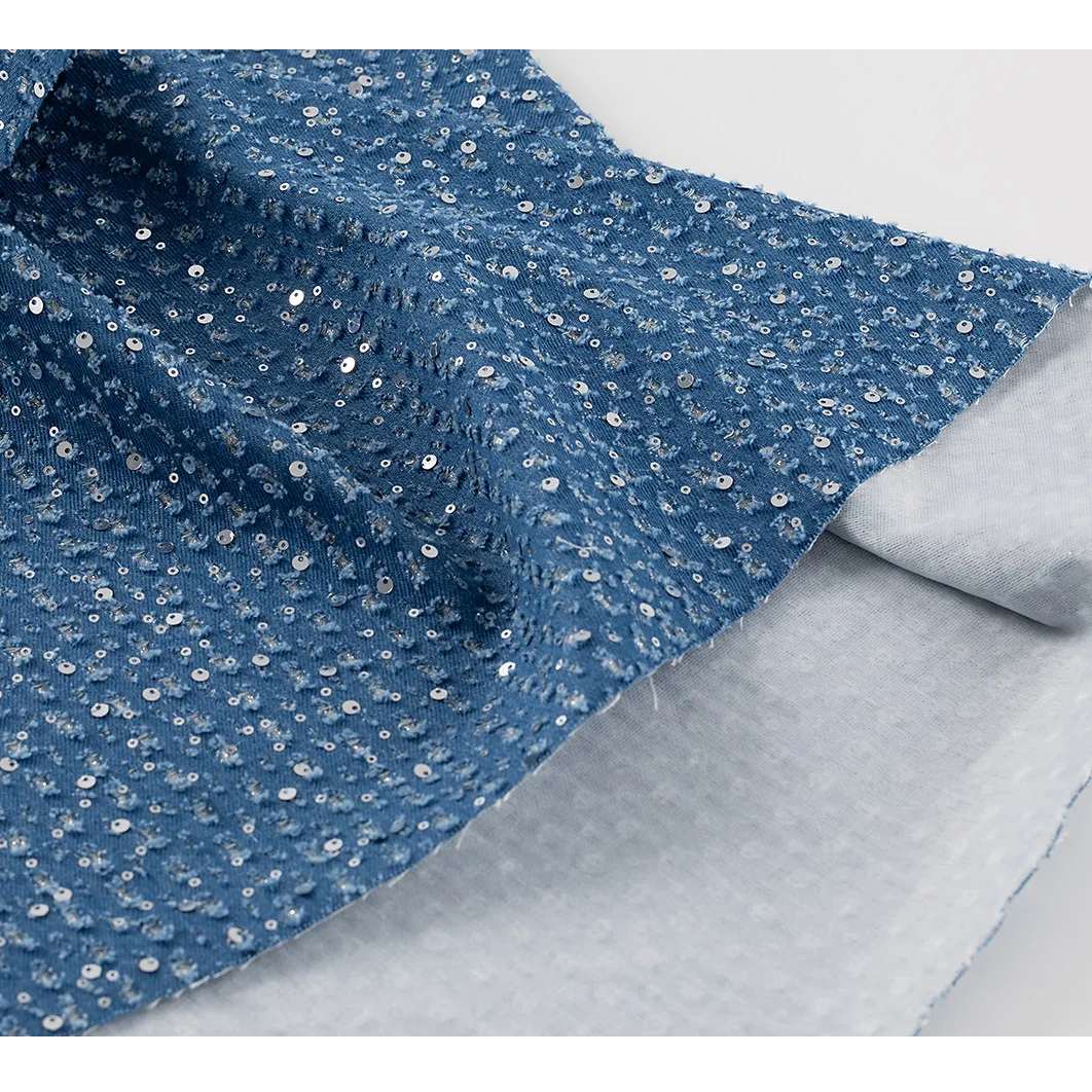 Vintage Blue Sequin Embroidered Denim Designer Fabric with Decorative Surface for Jacket Sewing and Contemporary Design Projects