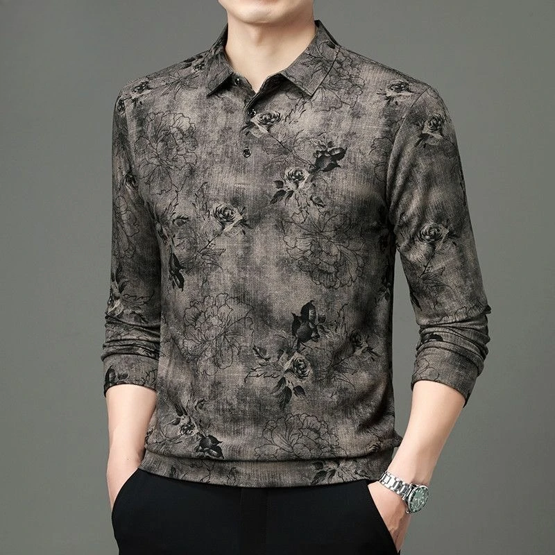 Autumn Men's Long Sleeve Printed T-Shirt Dralon Polo Collar Casual Versatile Base Layer Top for Middle-Aged