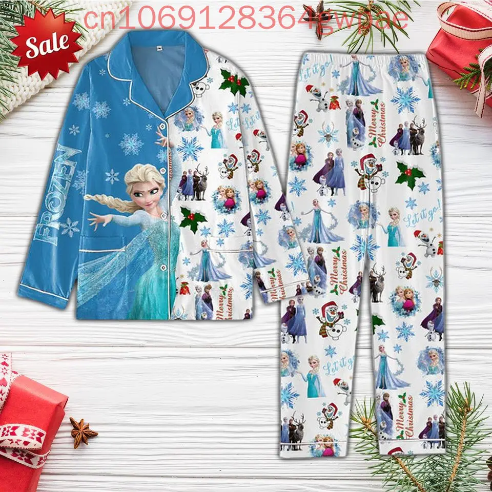 Disney Frozen Elsa Christmas Pajamas Set 2024 New Fashionable and Casual Men's and Women's Long Sleeved Shirts and Pajamas Set