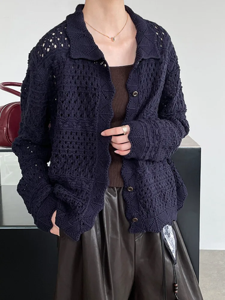 WHTREND 여성용 한국 스타일 웨이브 레이스 중공 니트 카디건 싱글 브레스트 스웨터 코트 WH1389