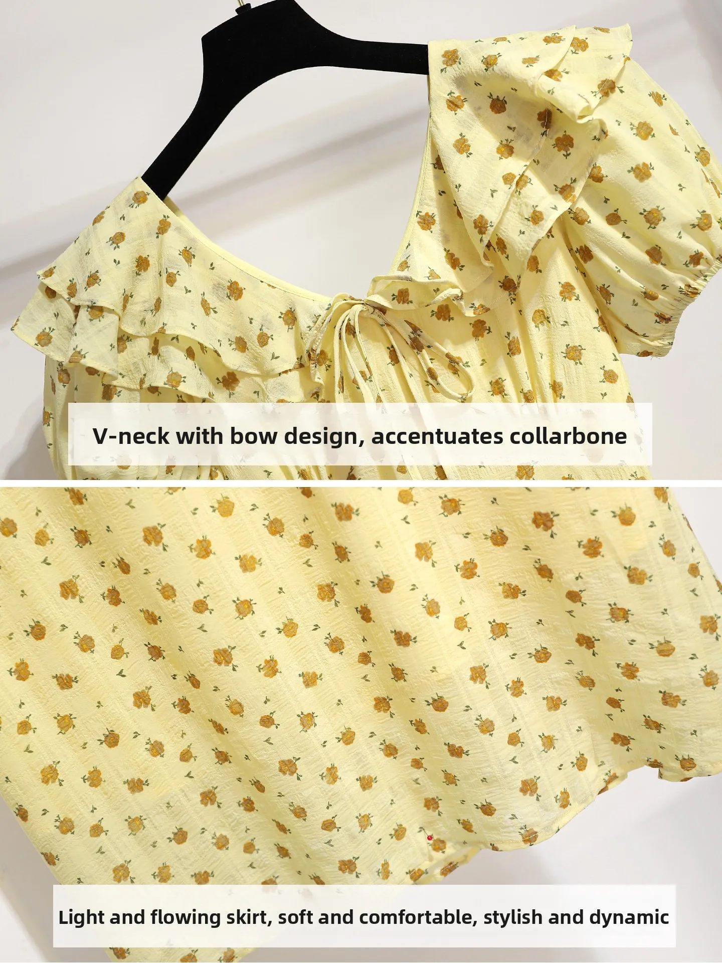 Gele Bloemenprint Zomer Dr Dames Retro Sle Hoge Taille Afslankende Lange Rok Theepauze Ritssluiting Bubble Sve V-...