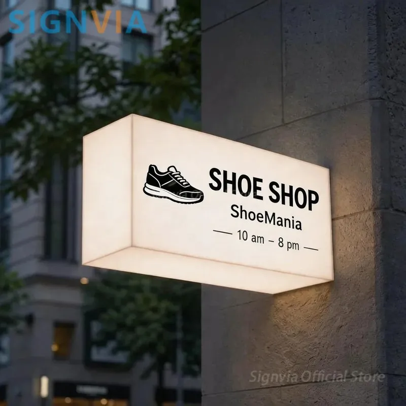 耐久性と環境に配慮したアクリル素材を使用した、カスタム形状のledライトボックス。靴店や美容サロンでの屋外広告に最適。
