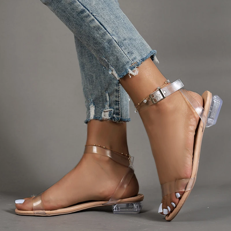 Transparent Pvc Jelly Sandals for Women 2023 Summer Casual Open Toe Beach Shoes Woman Clear Low Heels Ankle Strap Sandles Female