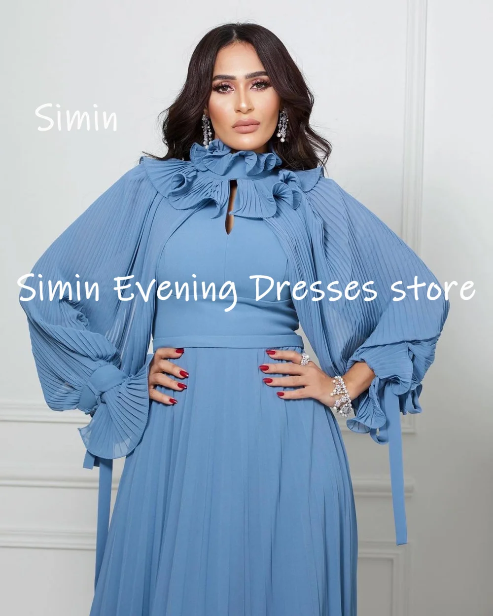 Simin-vestido de gasa con volantes para mujer, traje Formal hasta el suelo con escote redondo, elegante, para fiesta de noche, 2023