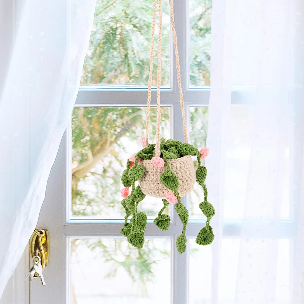

2Pcs Handmade Crochet Car Mirror Hanging Ornament Cute Potted Plant Decor for Rear View Boho Interior Accessories Women Knitted
