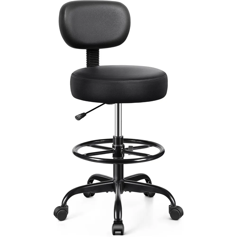 

Drafting Chair with Backrest – Adjustable Foot Rest Rolling Stool with Wheels, PU Leather Swivel Stool for Office Spa Studio Lab