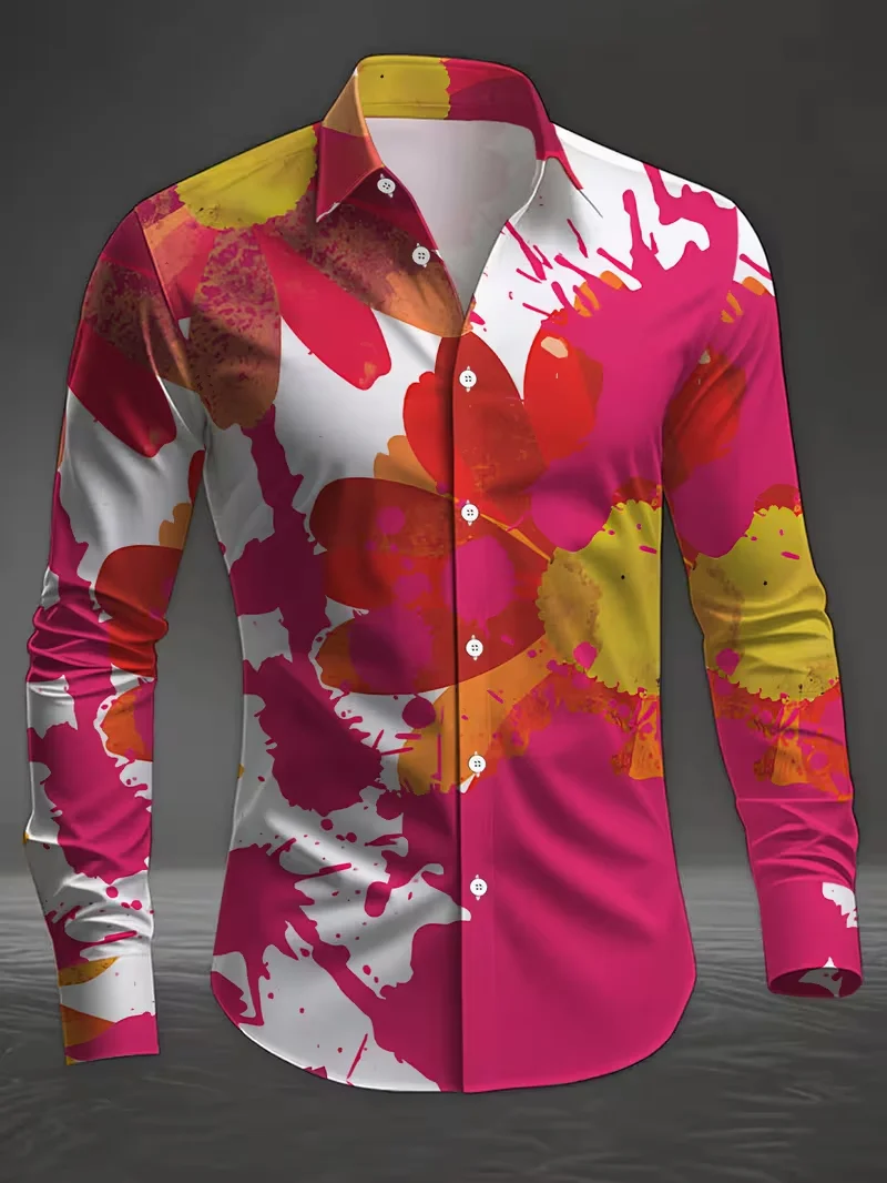 New men's 3D Printed Rose Shirt Button Up Shirt Long Sleeved Dark Gothic Streetwear Lapel Shirt Long Sleeved Shirt