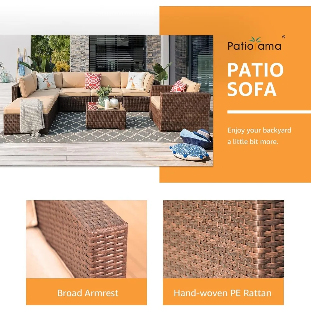 Set Sofa furnitur teras, Sofa bagian luar ruangan, Set percakapan rotan anyaman PE cokelat semua cuaca