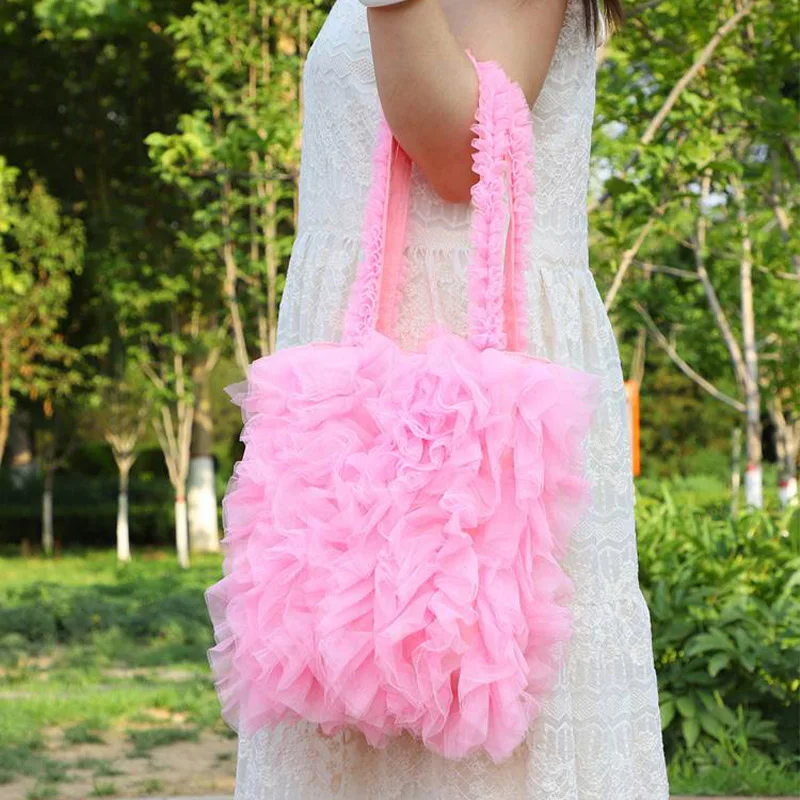 Women's Four Seasons Handbag Skirt Pleated Shoulder Bag Versatile Sweet Style Soft Gauze Splicing Tassel Underarm Women's Bag