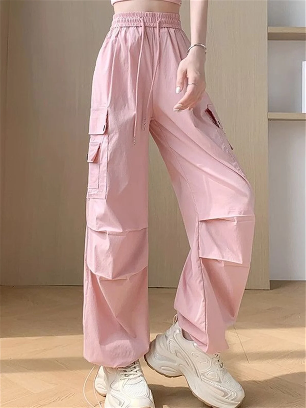 Streetwear Pink Cargo Pants Women Y2K Summer Hip Hop Pocket Wide Leg Joggers Korean High Waist Baggy Sweatpants New