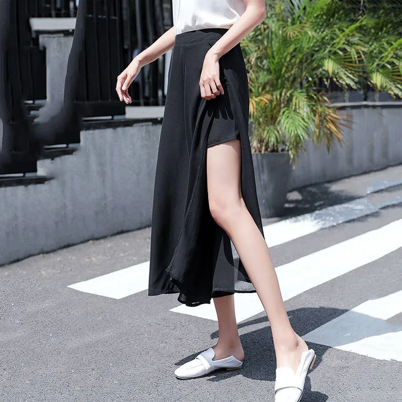 Calf-length Pants Women Summer Breathable Wide Leg Harajuku Side-slit Thin Light Soft Thin Korean Style Loose Elegant All-match