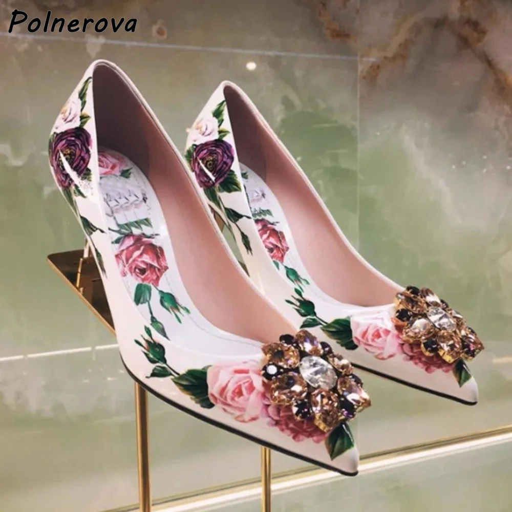 

Rhinestone Flower Pumps Rose Printing High Heels Slip On Leather Pointy Toe Shoes Women's Elegant Party Summer Shoes 2025