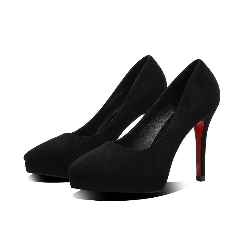 2023 Women 10cm 12cm High Heels 2cm Platform Pumps Nightclub Sude Flock Black Lady Extreme Thin Heels Red Bottom Catwalk Shoes