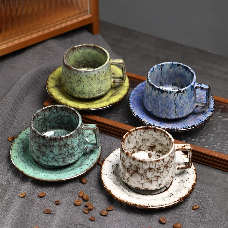 180ML Japanese Espresso Cup and Dish Kiln Transformed Ceramic Cup Retro Coarse Ceramic Mug Living Room Decoration