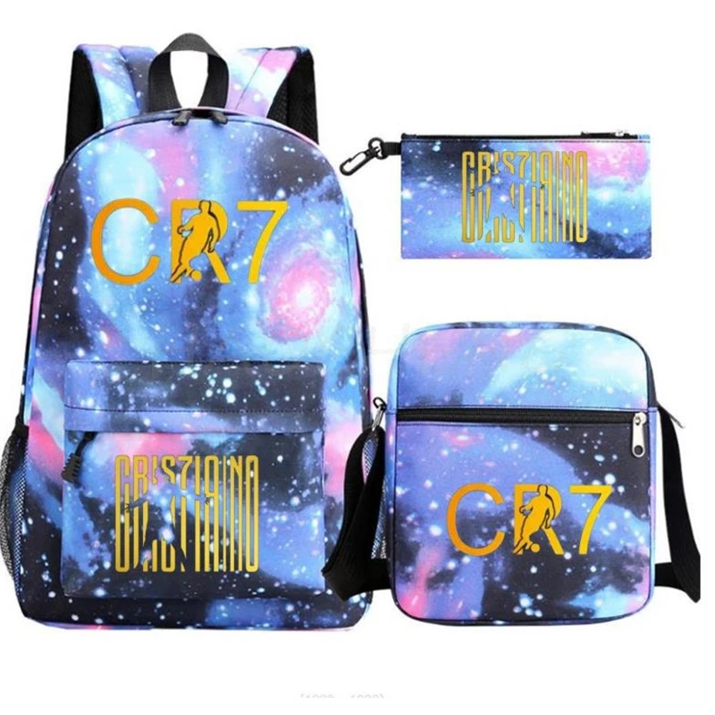 Cr7 mochila escolar para menino e menina, conjunto de 3 peças, mochila escolar, viagem, laptop, zíper, novo