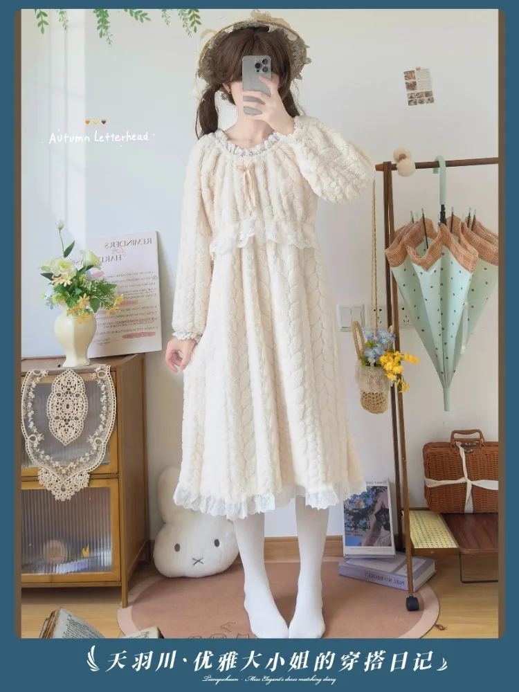 Victorian Princess Nightgown Long‑sleeve Coral Fleece Lace Ruffle Midi Fall Warm Loose Wear‑outside Loungewear Sleep Dress