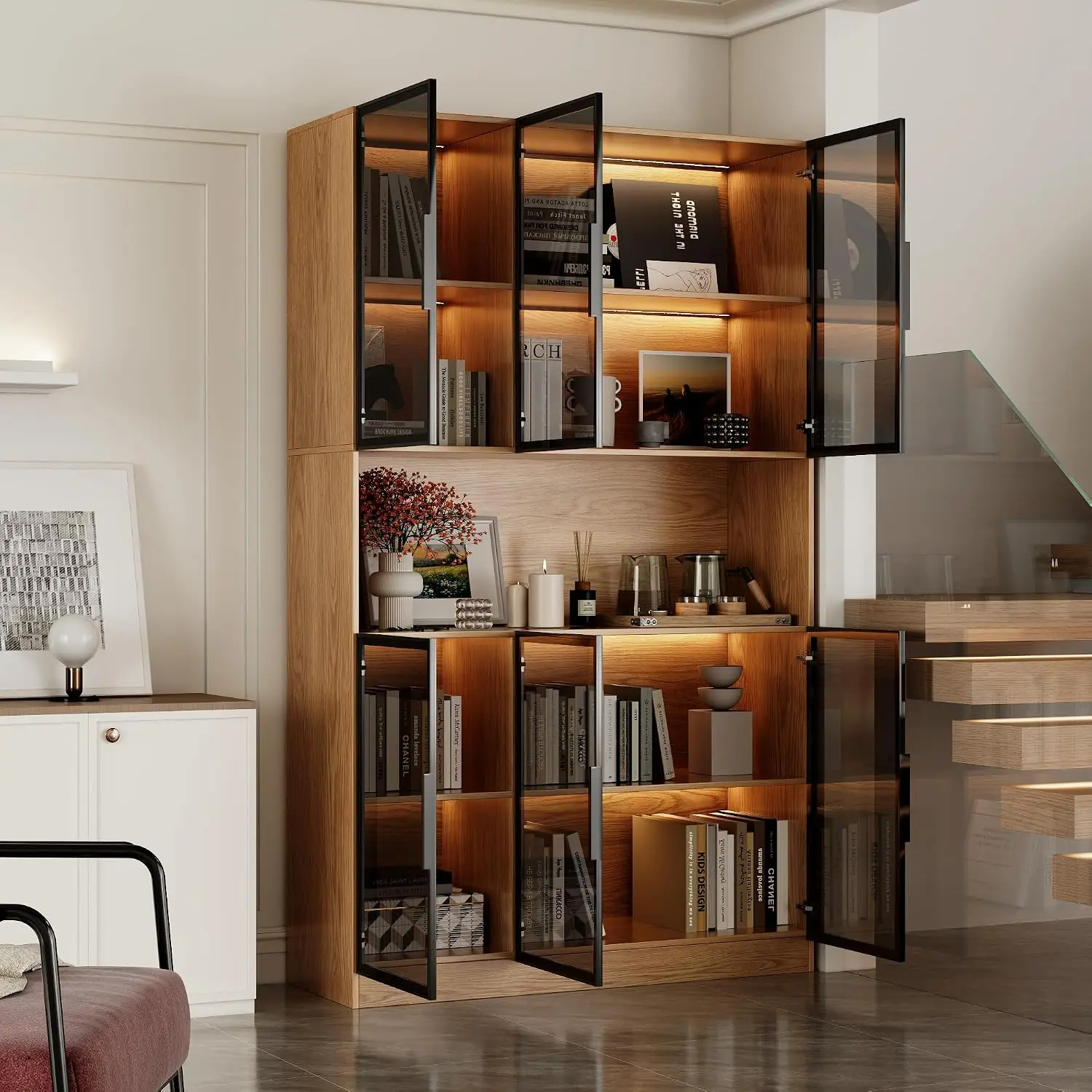 Wooden Display Cabinet Glass Doors & RGB Lights, 5-Tier Shelf Books Kitchen Pantry, Walnut 47.2"Wx16.5"Dx78.7"H, Customized - view 3